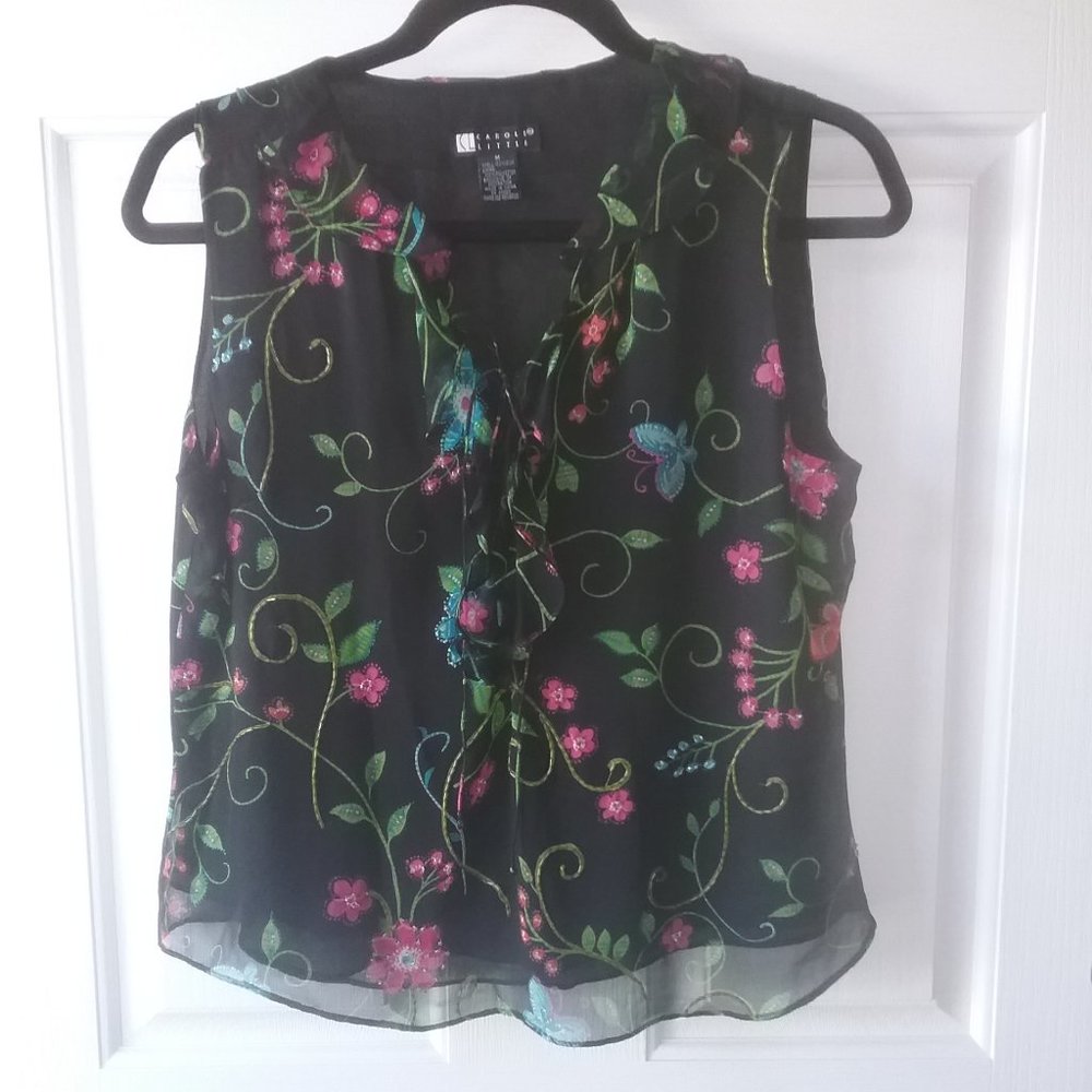 Carole Little Black Silk Top w/beaded flowers